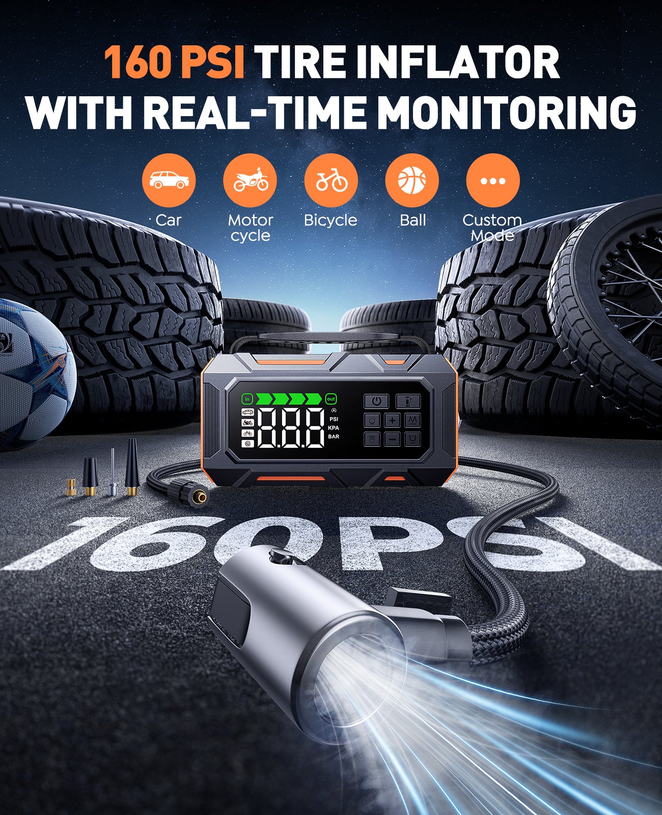 14-in-1 Car Jump Starter with Air Compressor 160PSI, 7000A Jump Starter Jump Box (All Gas 12L Diesel), Jumper Cables Jumper Starter Portable with Car Roadside Emergency Kit, Tow Rope, Gloves, Lights