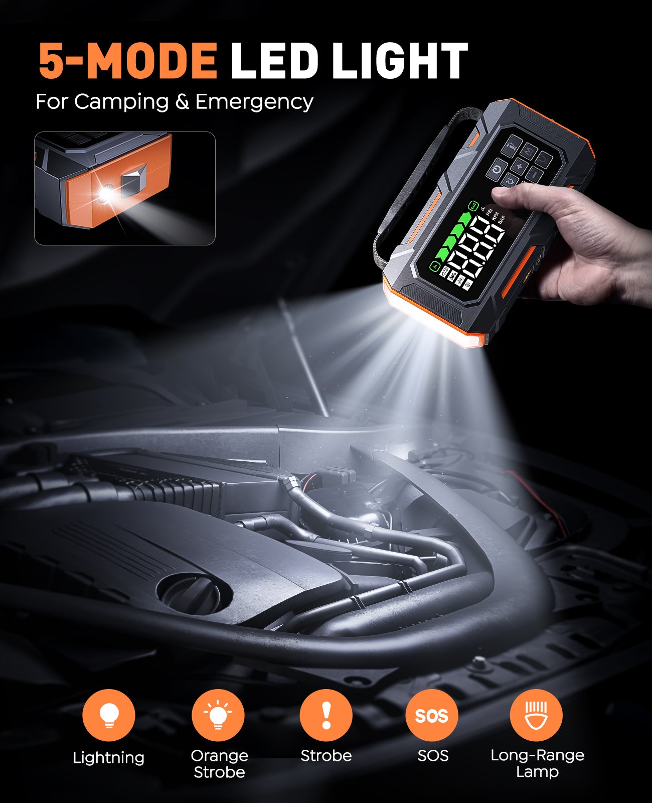 14-in-1 Car Jump Starter with Air Compressor 160PSI, 7000A Jump Starter Jump Box (All Gas 12L Diesel), Jumper Cables Jumper Starter Portable with Car Roadside Emergency Kit, Tow Rope, Gloves, Lights