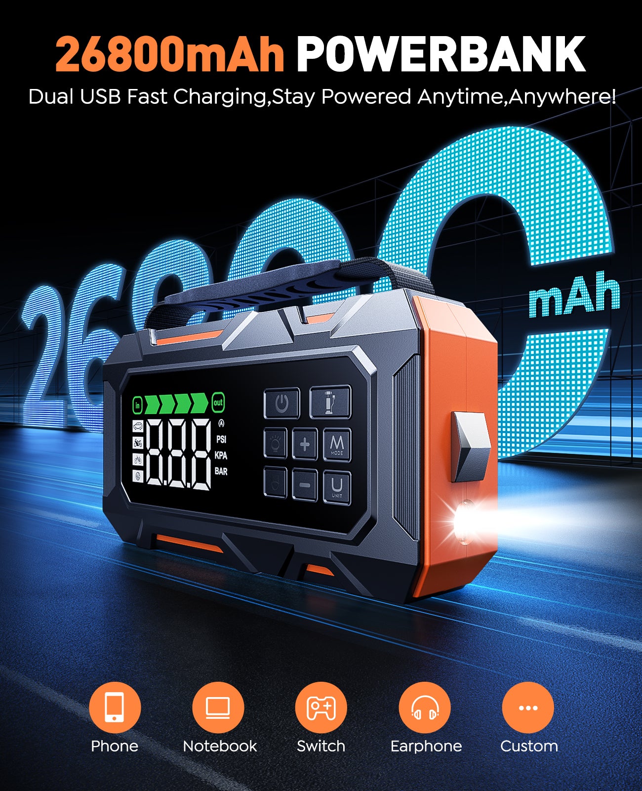 14-in-1 Car Jump Starter with Air Compressor 160PSI, 7000A Jump Starter Jump Box (All Gas 12L Diesel), Jumper Cables Jumper Starter Portable with Car Roadside Emergency Kit, Tow Rope, Gloves, Lights