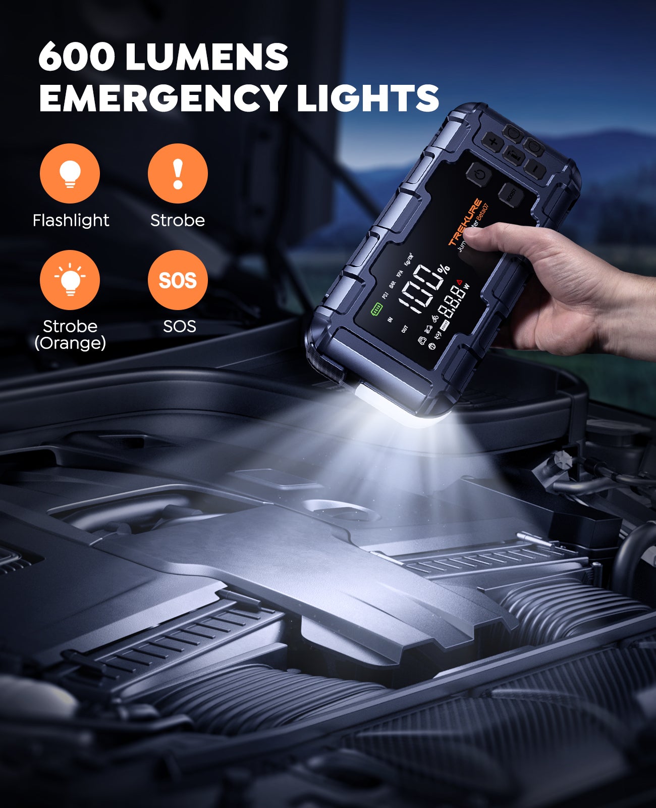 TREKURE 6000A Car Jump Starter with 160 PSI Air Compressor, 45W Charging Battery Booster Pack (All gas/12L Diesel), 10-in-1 Jump Starter Power Pack with LED Display, 600lm Lights