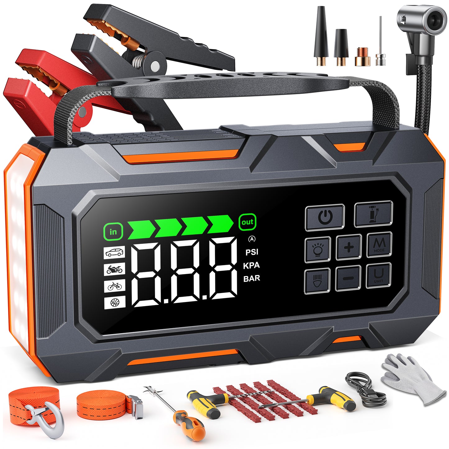14-in-1 Car Jump Starter with Air Compressor 160PSI, 7000A Jump Starter Jump Box (All Gas 12L Diesel), Jumper Cables Jumper Starter Portable with Car Roadside Emergency Kit, Tow Rope, Gloves, Lights