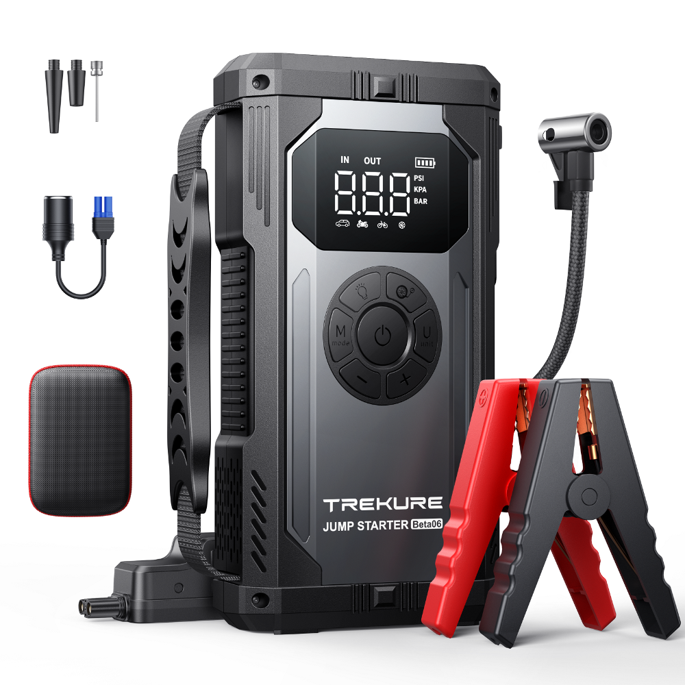 Portable Car Jump Starter with Air Compressor, TREKURE 150PSI Car Battery Jump Starter (All Gas/10L Diesel), 12V Jump Box Car Battery Jumper Starter Portable with LCD Display, Lights