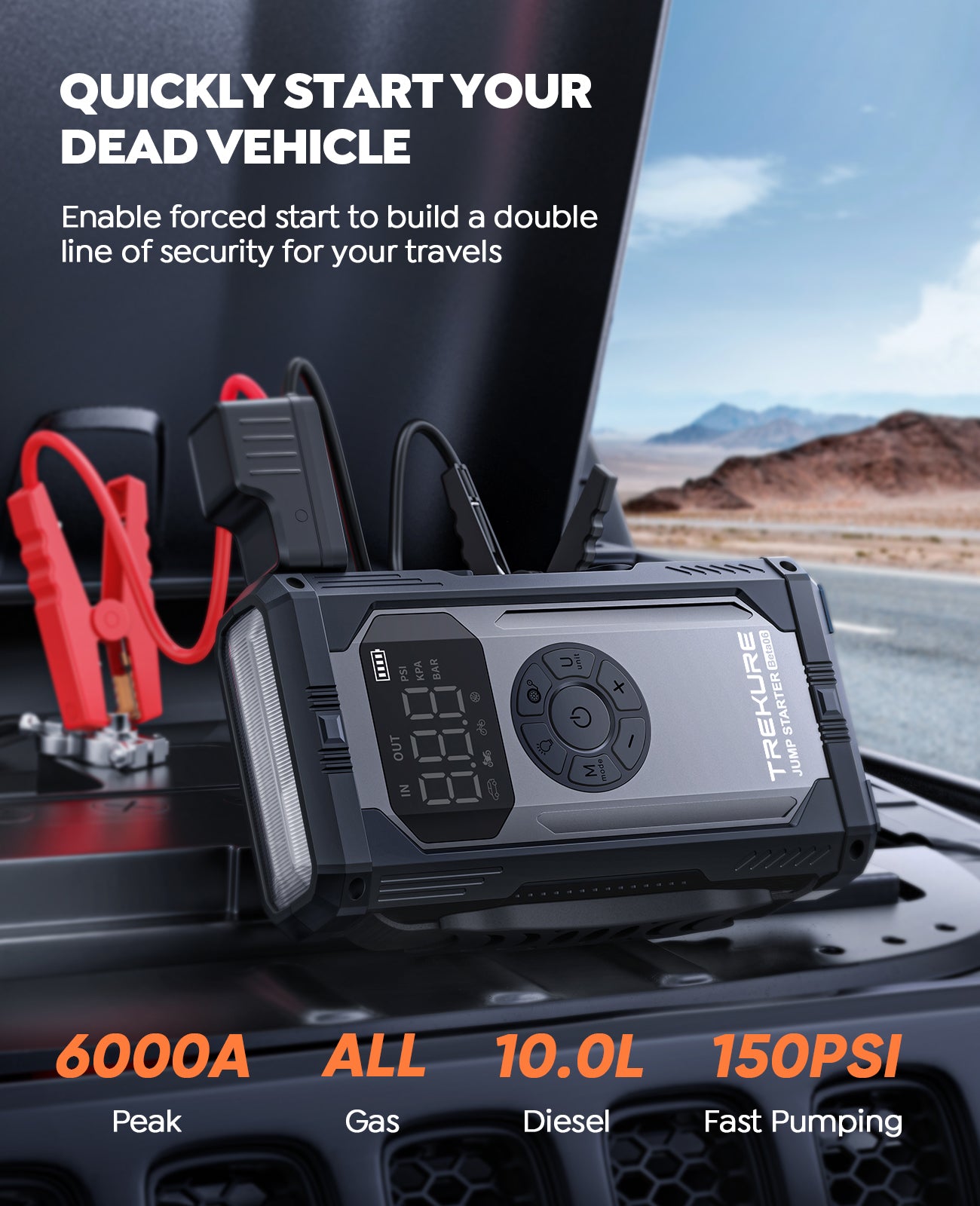 TREKURE 8-in-1 Jump Starter with Air Compressor 6000A 150PSI Portable Car Battery Jump Starter (All Gas/10L Diesel), 12V Jump Box Car Battery Jumper Starter Portable with Jumper Cables, Lights