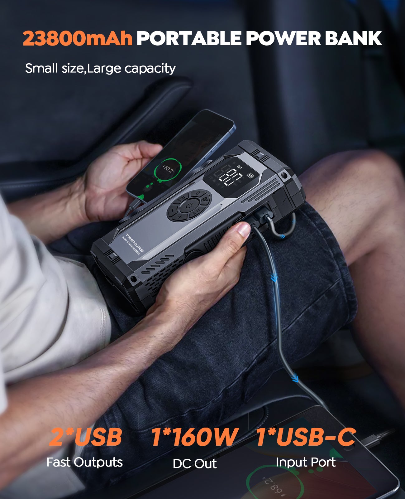 Portable Car Jump Starter with Air Compressor, TREKURE 150PSI Car Battery Jump Starter (All Gas/10L Diesel), 12V Jump Box Car Battery Jumper Starter Portable with LCD Display, Lights