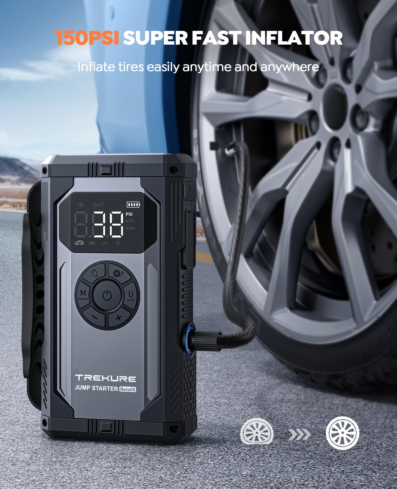 Portable Car Jump Starter with Air Compressor, TREKURE 150PSI Car Battery Jump Starter (All Gas/10L Diesel), 12V Jump Box Car Battery Jumper Starter Portable with LCD Display, Lights