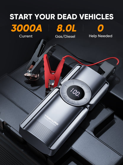 Portable Car Jump Starter with Air Compressor, 150PSI Car Battery Jump Starter Battery Pack (9L Gas/8L Diesel), Safe Car Jumper Starter Portable Jump Box with Display, Emergency Light