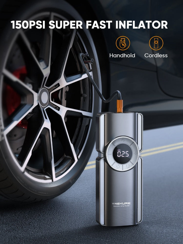 Portable Car Jump Starter with Air Compressor, 150PSI Car Battery Jump Starter Battery Pack (9L Gas/8L Diesel), Safe Car Jumper Starter Portable Jump Box with Display, Emergency Light
