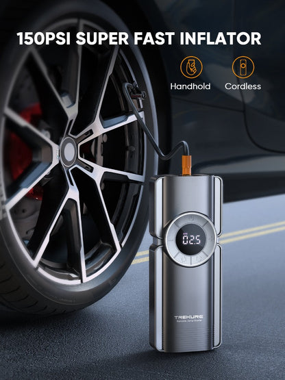 Portable Car Jump Starter with Air Compressor, 150PSI Car Battery Jump Starter Battery Pack (9L Gas/8L Diesel), Safe Car Jumper Starter Portable Jump Box with Display, Emergency Light