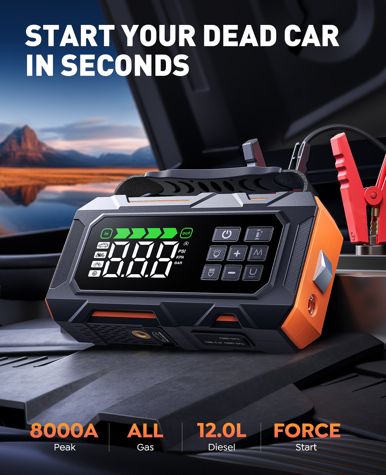 Portable Jump Starter with Air Compressor 8000A 160PSI, 16-in-1