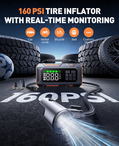 14-in-1 Car Jump Starter with Air Compressor 160PSI, 7000A Jump Starter Jump Box (All Gas 12L Diesel), Jumper Cables Jumper Starter Portable with Car Roadside Emergency Kit, Tow Rope, Gloves, Lights