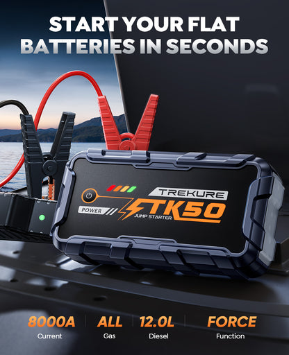 TREKURE Car Battery Jump Starter 8000A 26800mAh, Portable Car Jump Starter for All Gas and 12L Diesel Engines, Power Bank & Battery Jumper, Portable Jump Box Car Battery with Fast Charge, LED Light