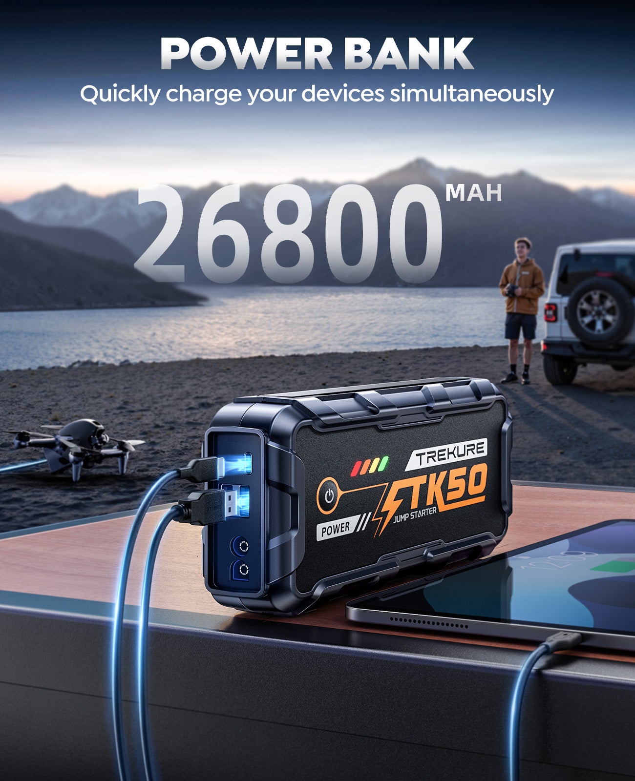 TREKURE Car Battery Jump Starter 8000A 26800mAh, Portable Car Jump Starter for All Gas and 12L Diesel Engines, Power Bank & Battery Jumper, Portable Jump Box Car Battery with Fast Charge, LED Light