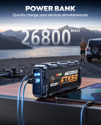 TREKURE Car Battery Jump Starter 8000A 26800mAh, Portable Car Jump Starter for All Gas and 12L Diesel Engines, Power Bank & Battery Jumper, Portable Jump Box Car Battery with Fast Charge, LED Light
