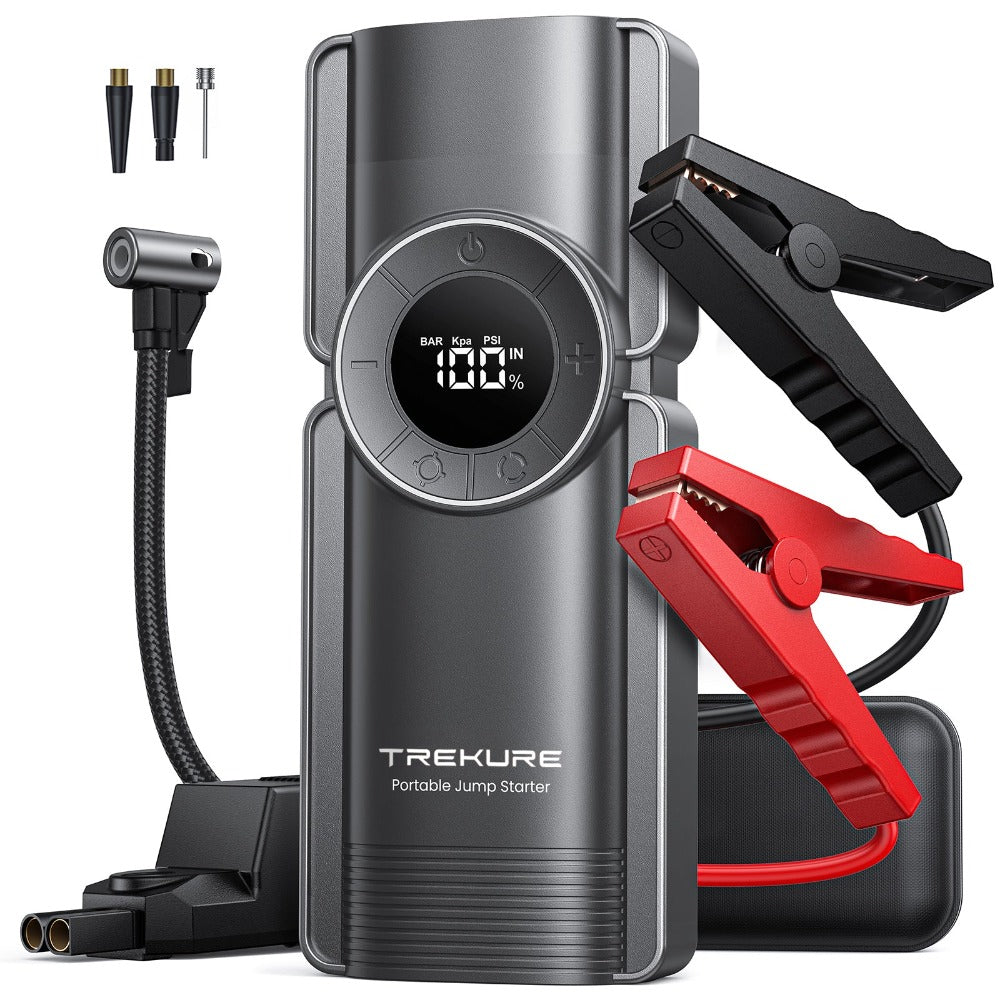 Portable Car Jump Starter with Air Compressor, 150PSI Car Battery Jump Starter Battery Pack (9L Gas/8L Diesel), Safe Car Jumper Starter Portable Jump Box with Display, Emergency Light